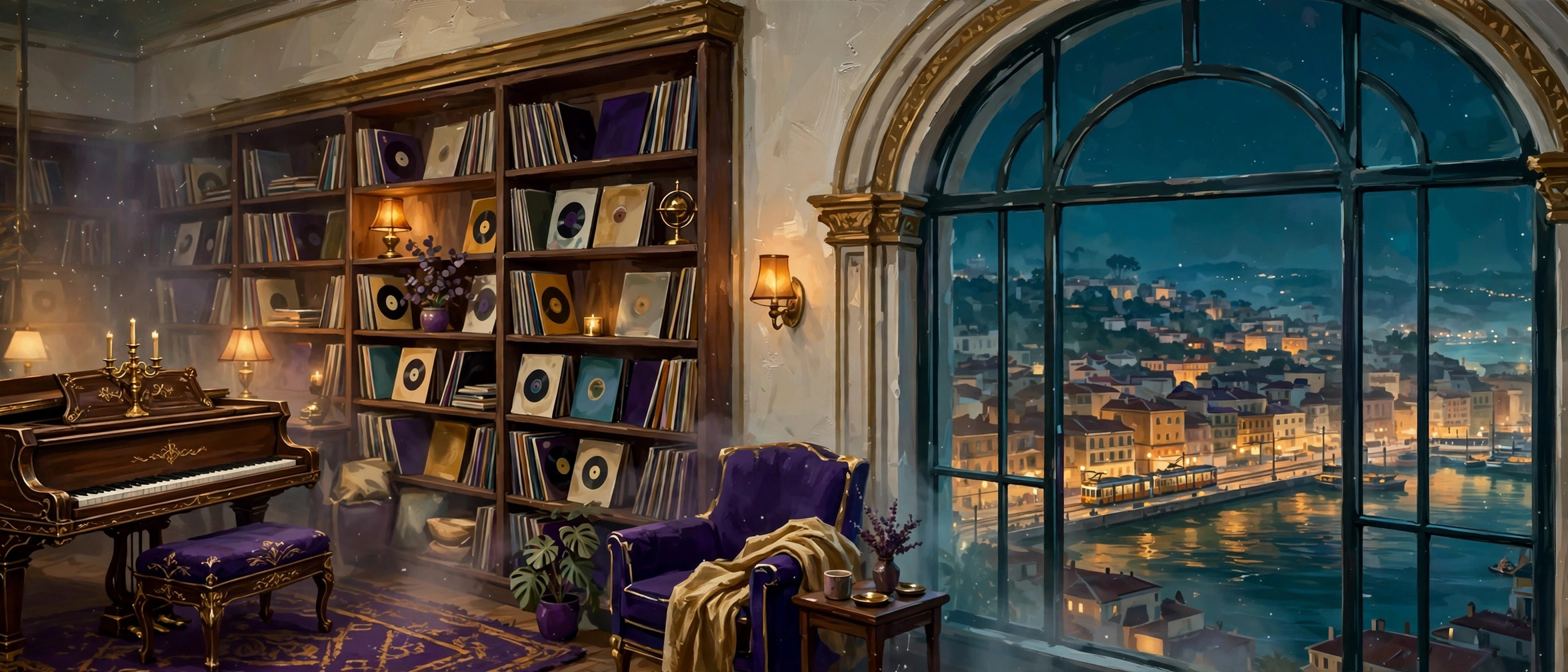 The Listening Room — a warm room with a piano, records on shelves, and a harbor window over the night water