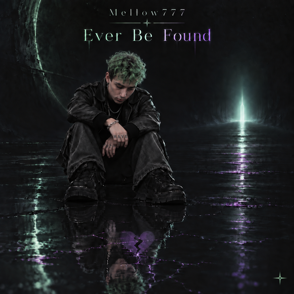 Mellow777 ‘Ever Be Found’ artwork — seated in a dark reflective space with green and purple light