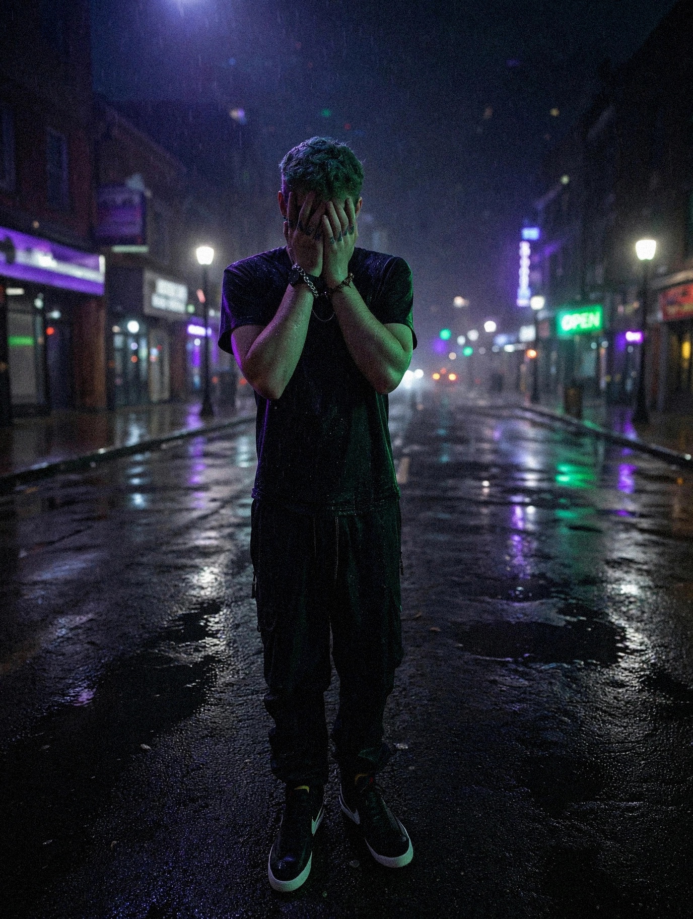 Mellow777 with hands covering his face on a rainy neon street at night