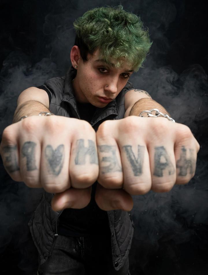 Mellow777 showing his knuckle tattoos