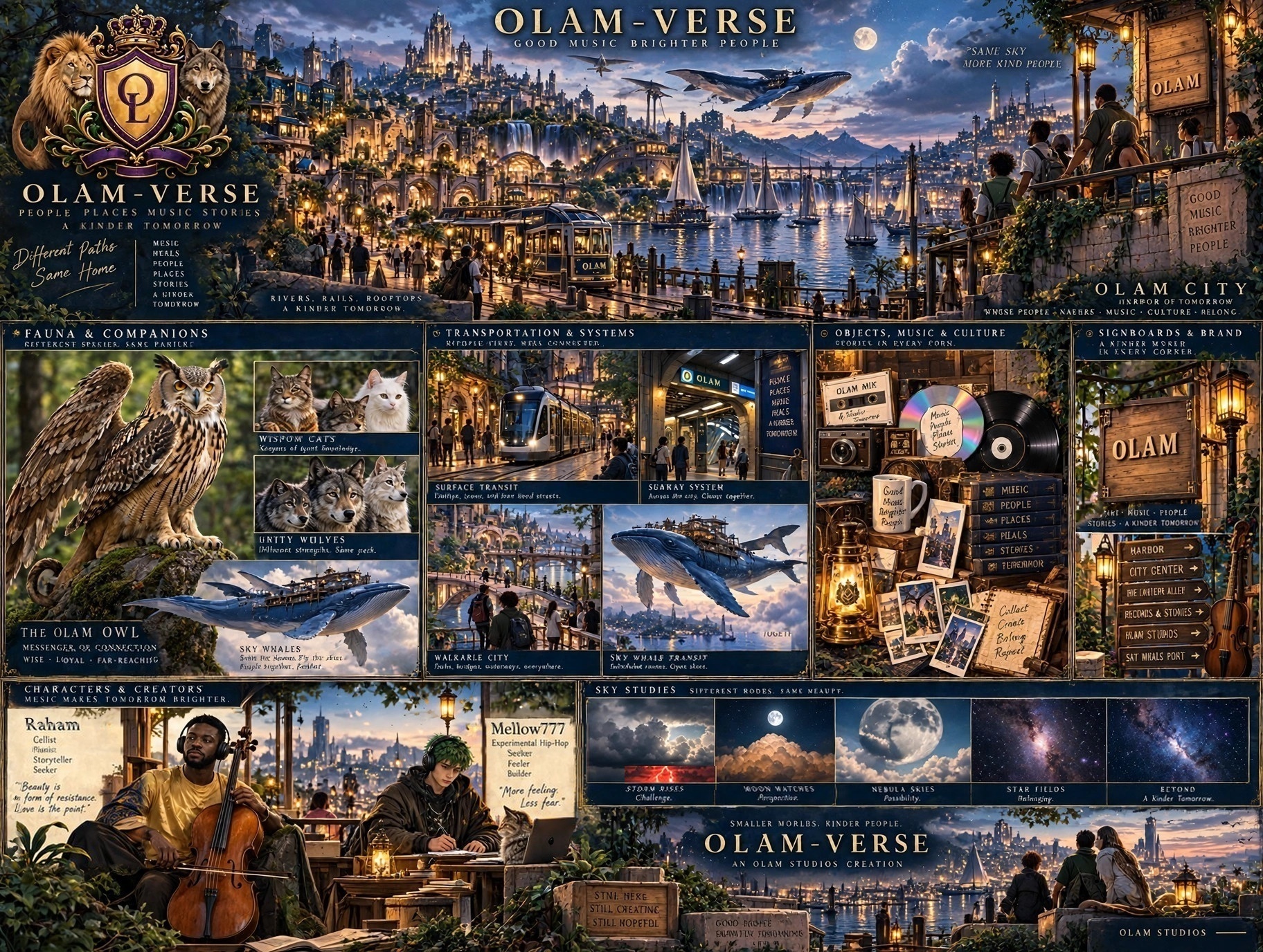 Atlas of the OLAM-Verse world — sky-whale transit, the crest, and animal companions