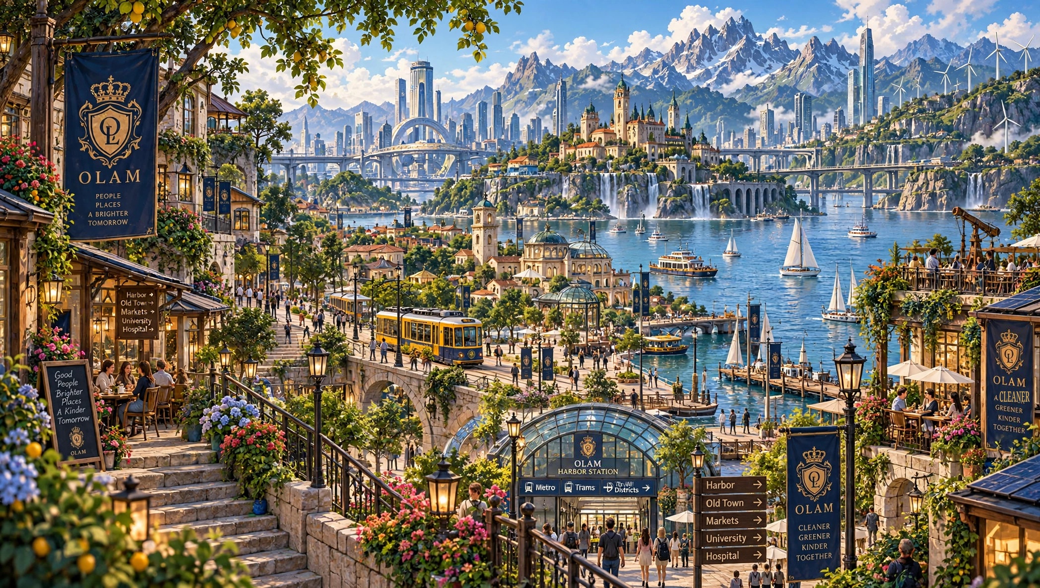 OLAM City by day — harbor, trams, sailboats, and towers beneath the mountains