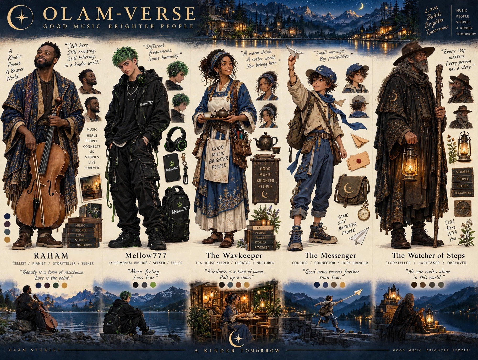 The people of OLAM-Verse — RAHAM, Mellow777, the Waykeeper, the Messenger, and the Watcher of Steps