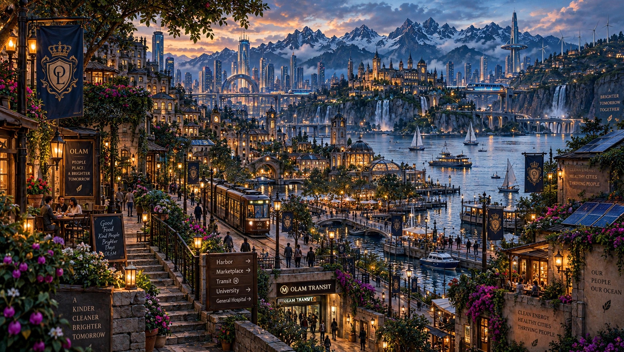 OLAM City at night, warm lights reflected on the harbor